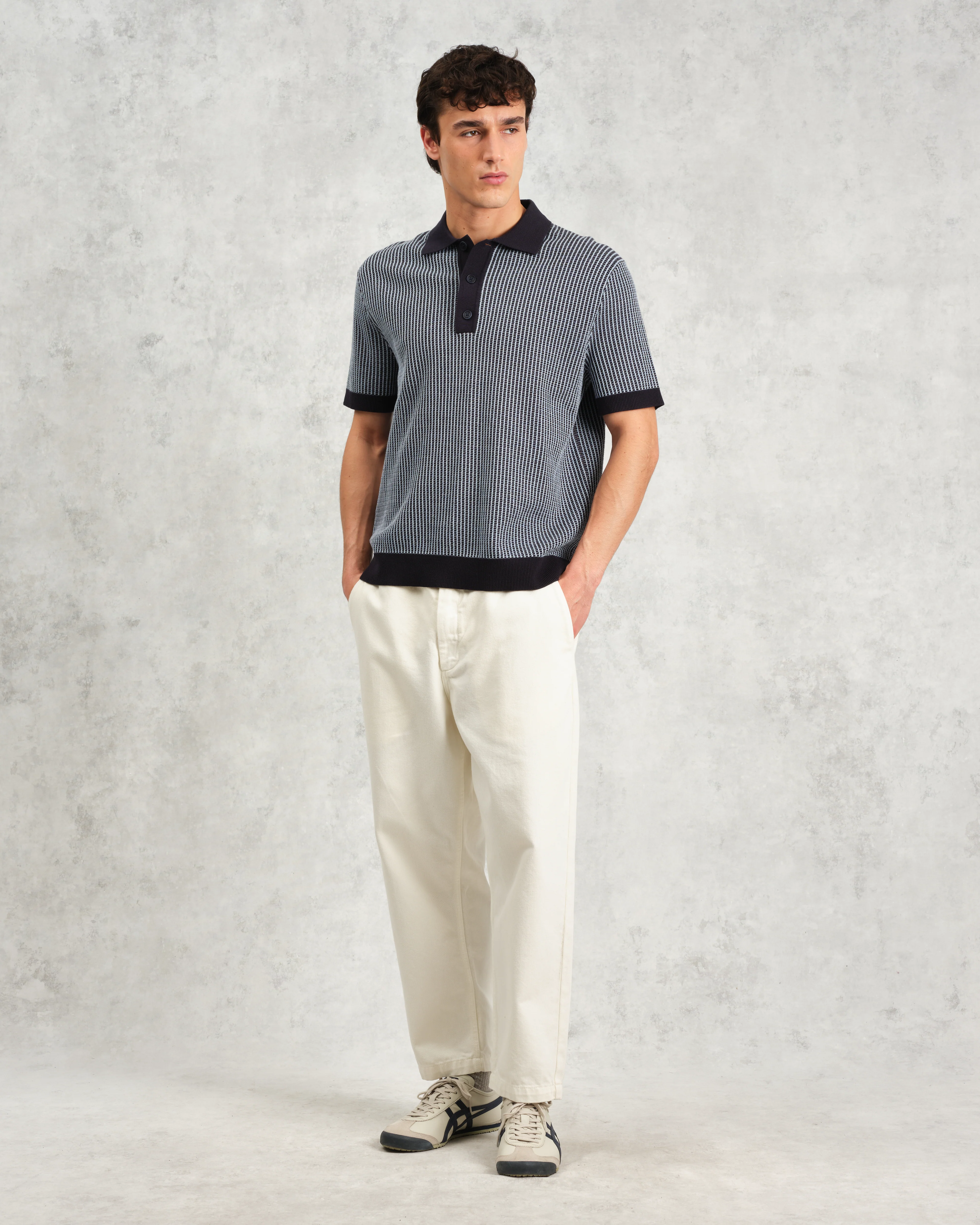 Turin - Navy Ladder Stripe Knitted Cotton Polo - Image 5