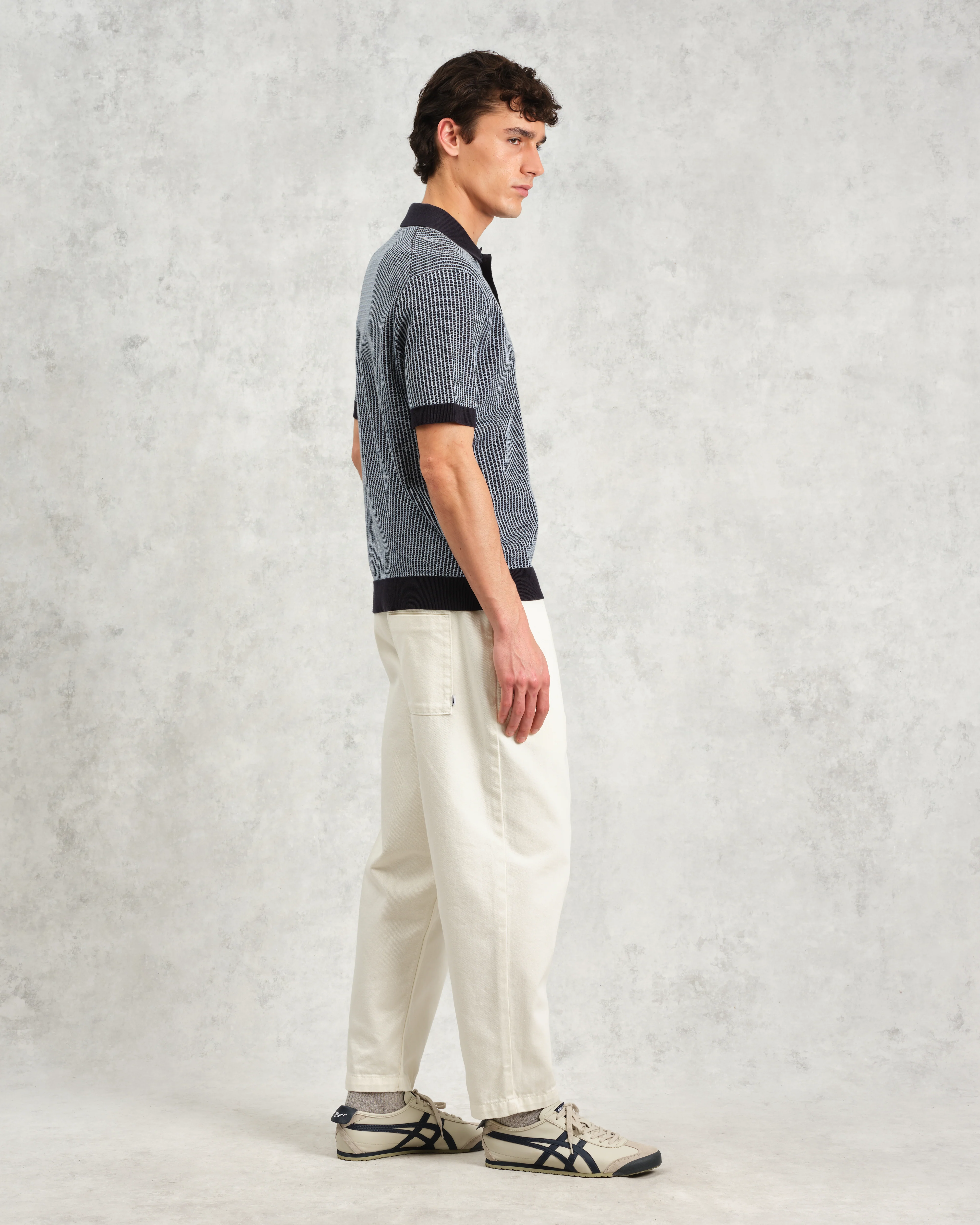 Turin - Navy Ladder Stripe Knitted Cotton Polo - Image 6