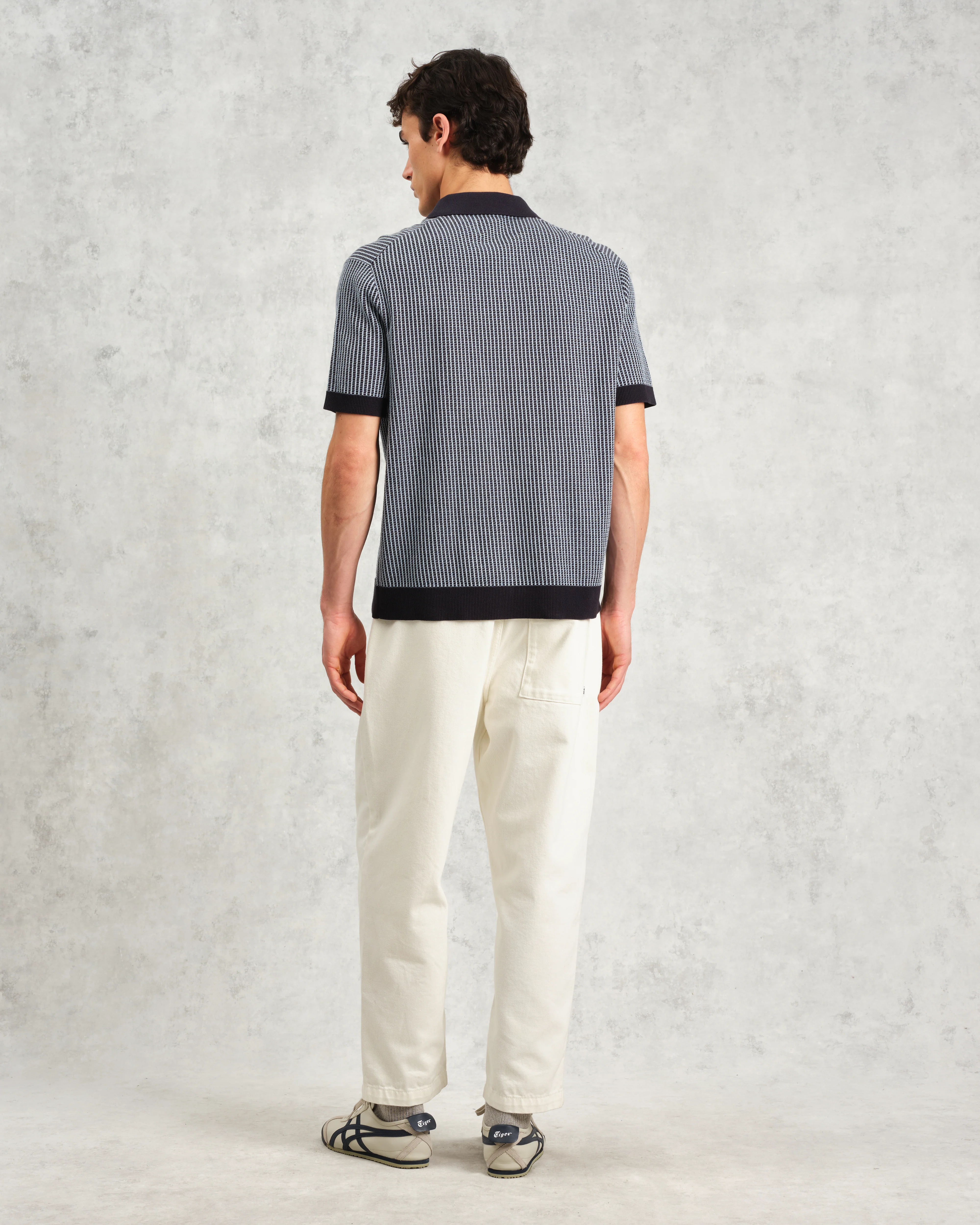 Turin - Navy Ladder Stripe Knitted Cotton Polo - Image 7