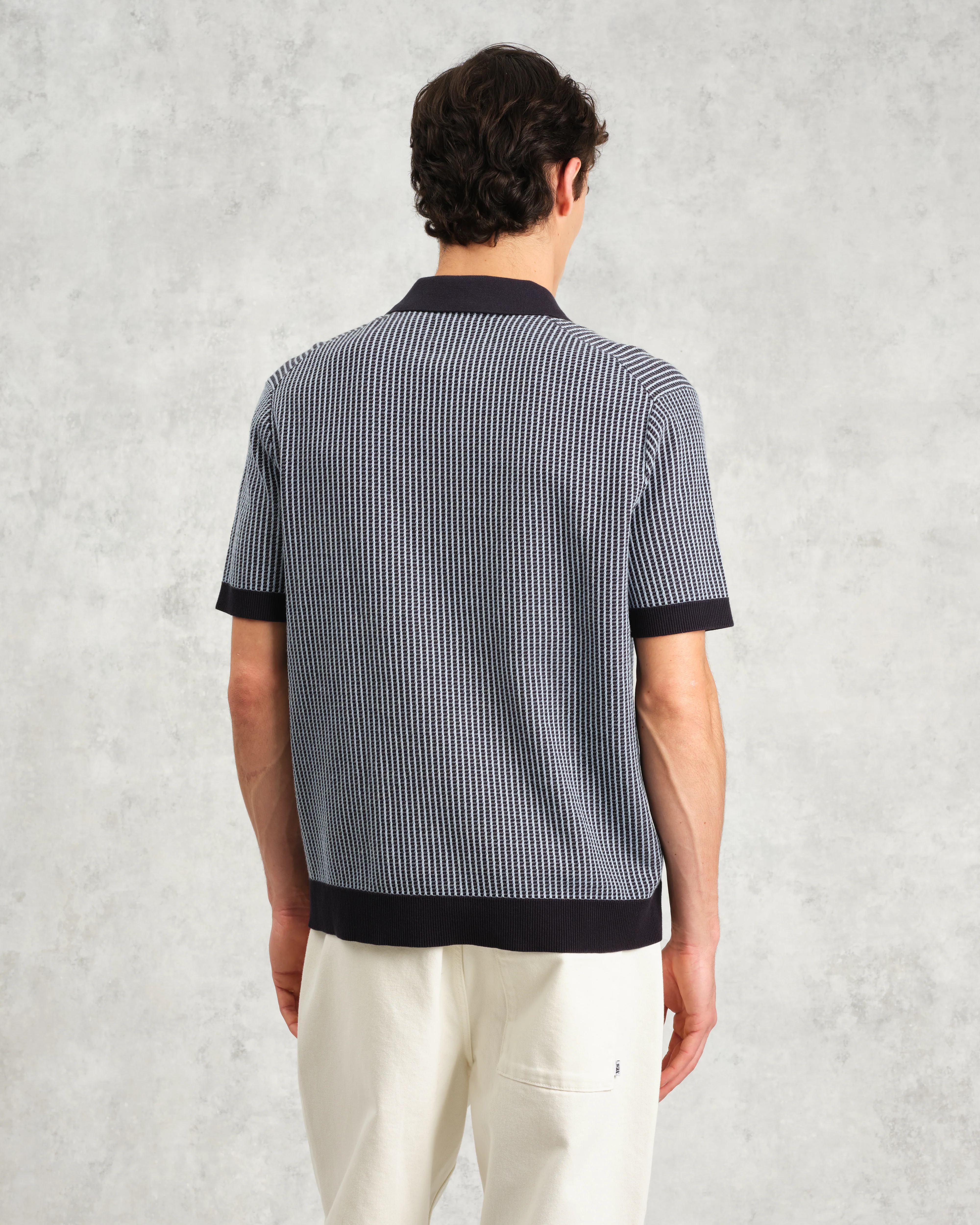 Turin - Navy Ladder Stripe Knitted Cotton Polo - Image 8