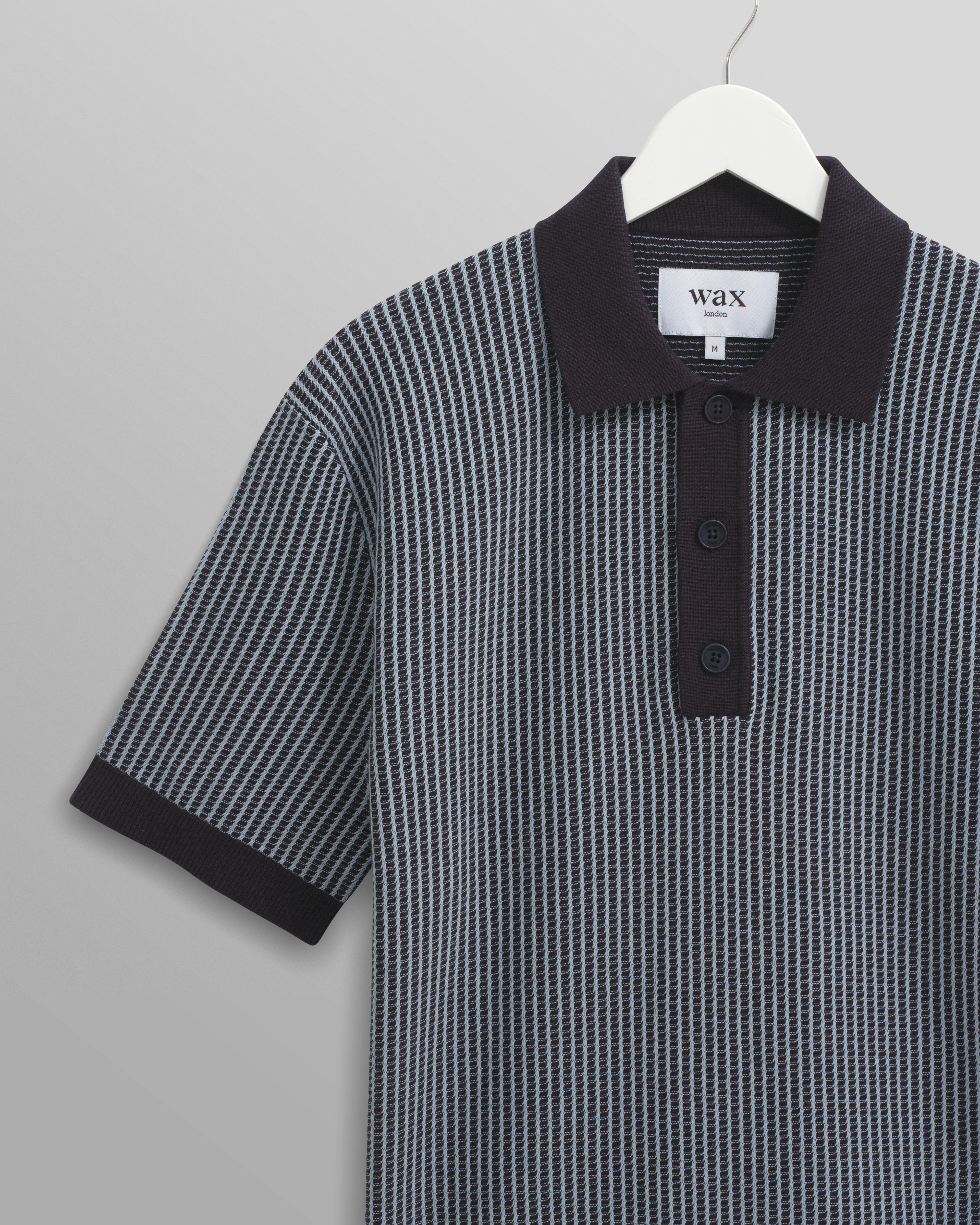 Turin - Navy Ladder Stripe Knitted Cotton Polo - Image 9