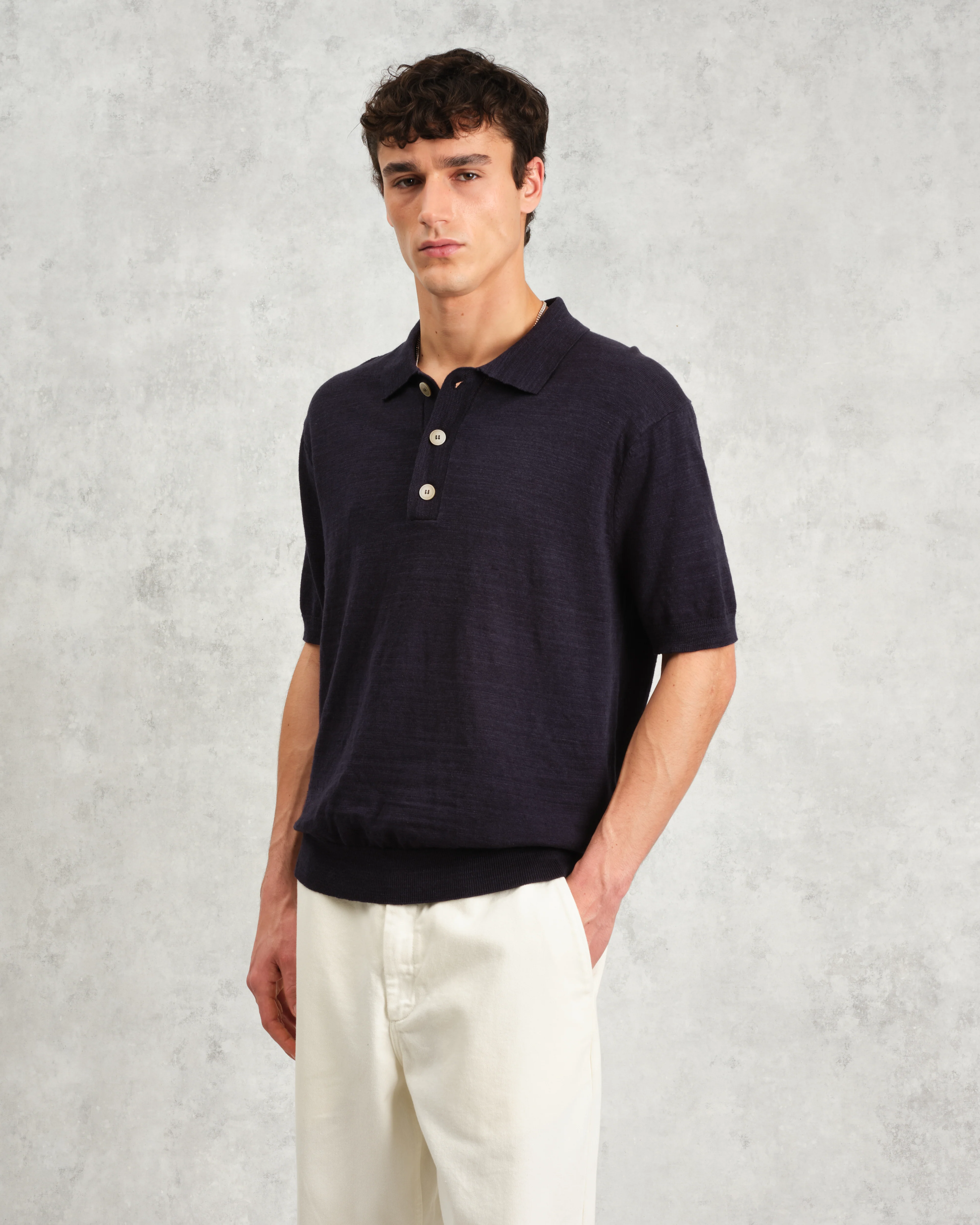 Turin - Navy Slub Knitted Cotton-Linen Polo - Image 2