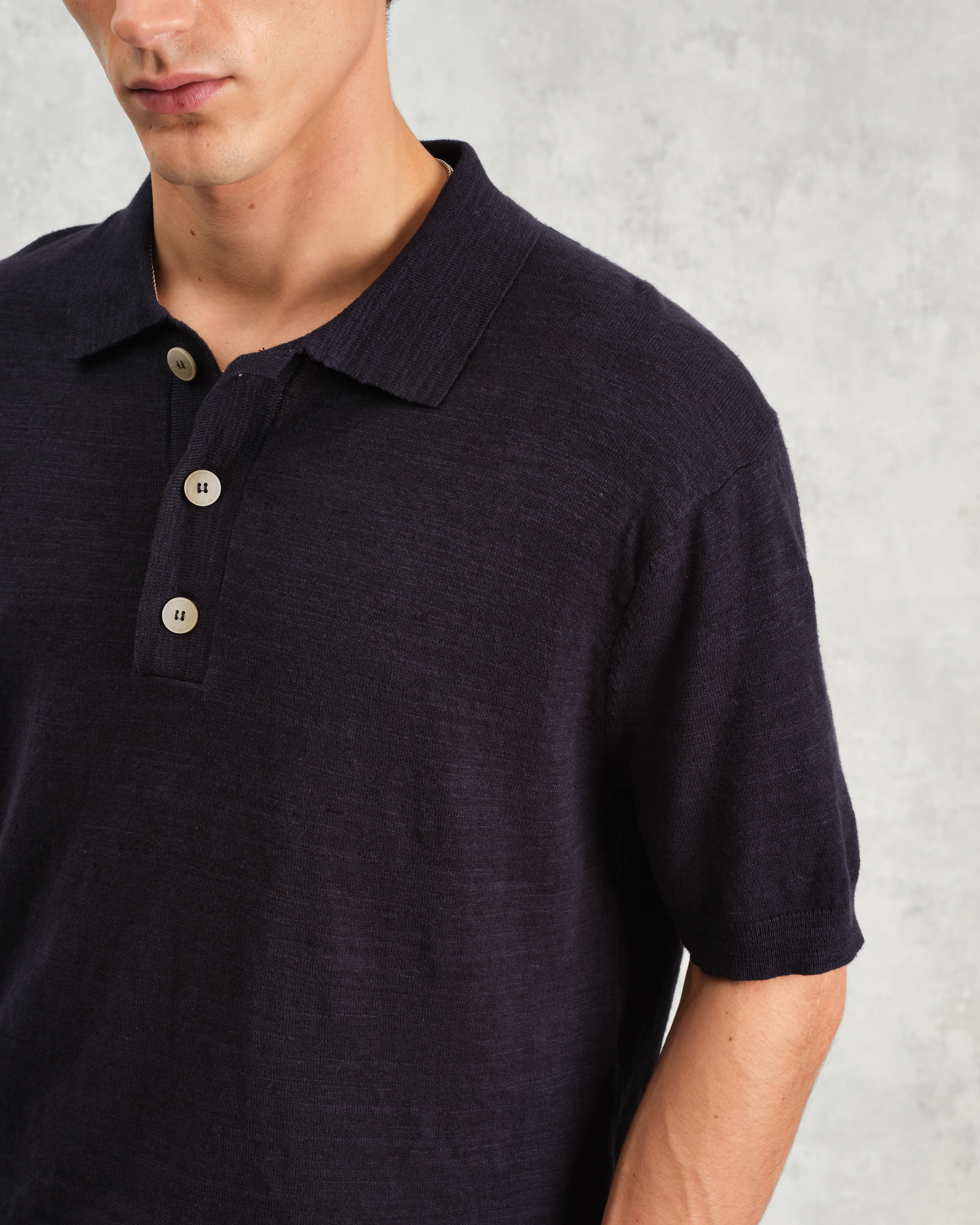 Turin - Navy Slub Knitted Cotton-Linen Polo - Image 3