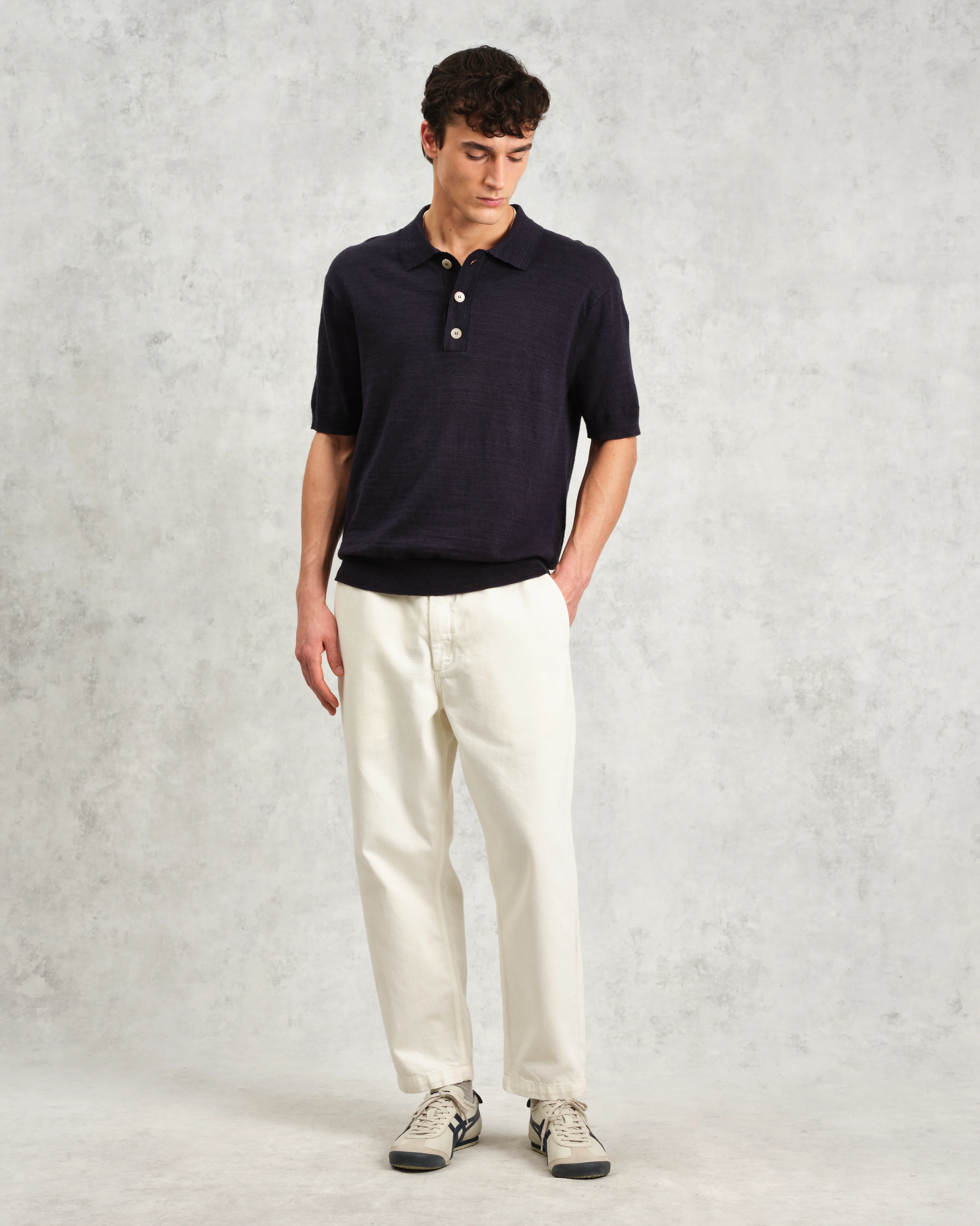 Turin - Navy Slub Knitted Cotton-Linen Polo - Image 4