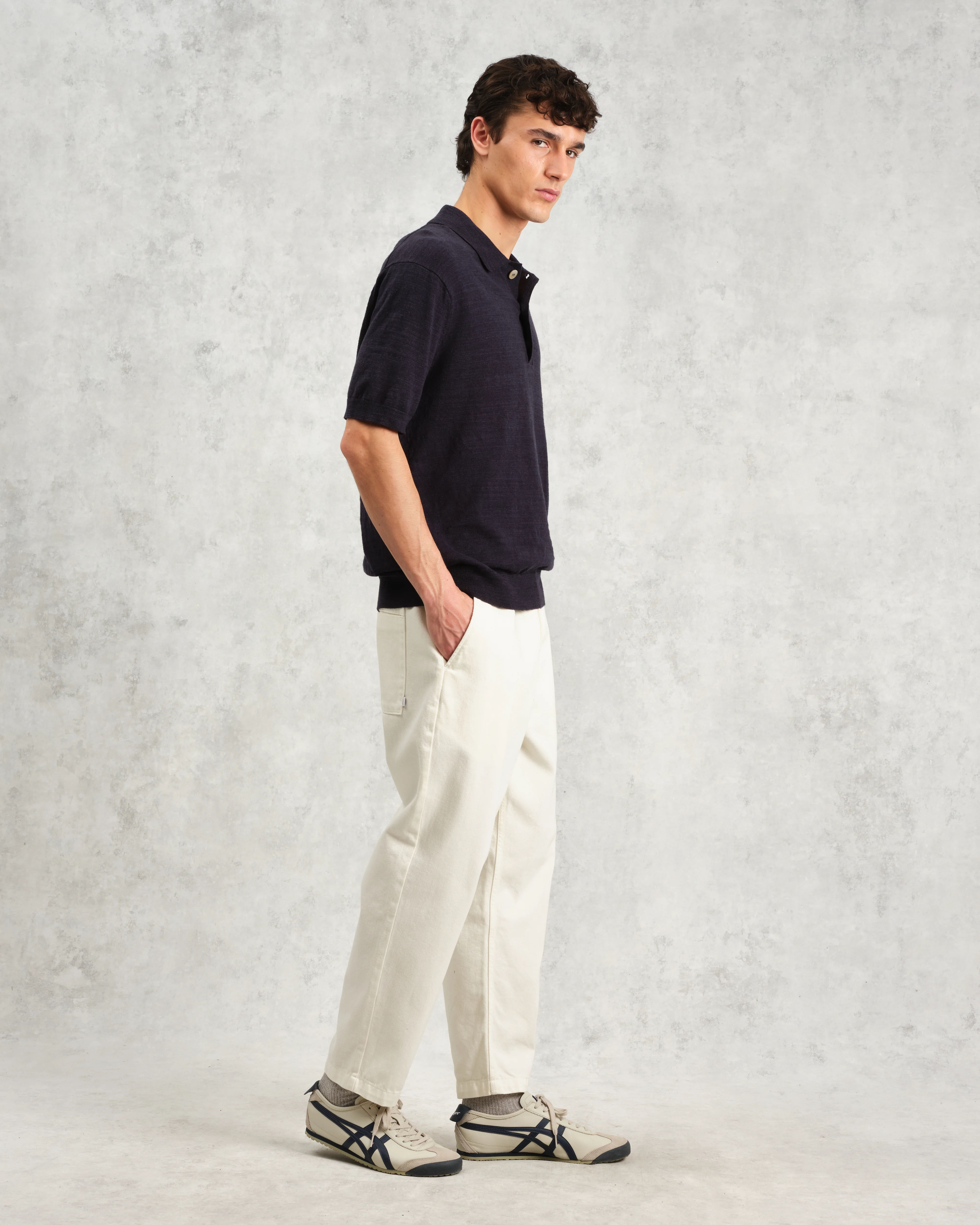 Turin - Navy Slub Knitted Cotton-Linen Polo - Image 5