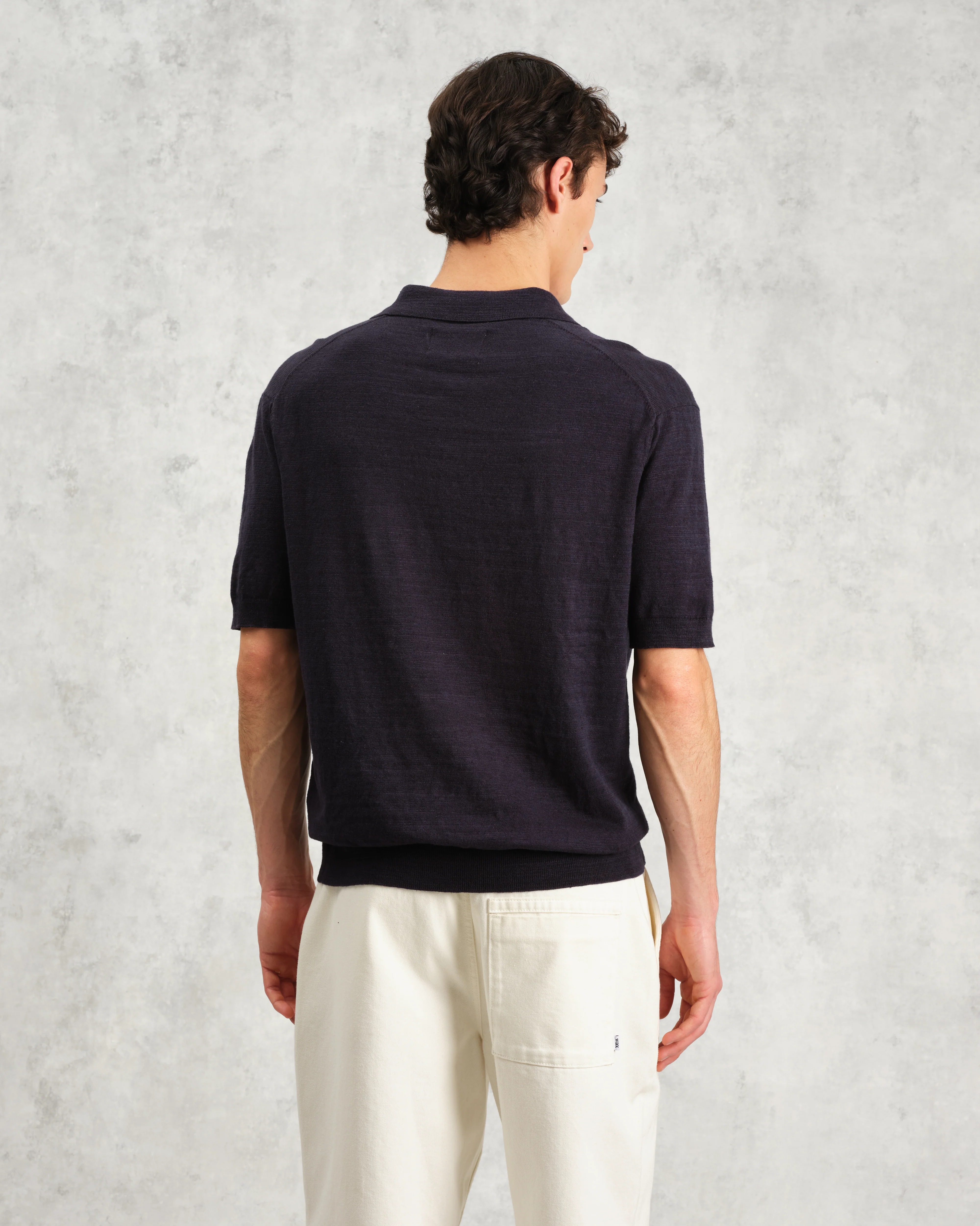 Turin - Navy Slub Knitted Cotton-Linen Polo - Image 7