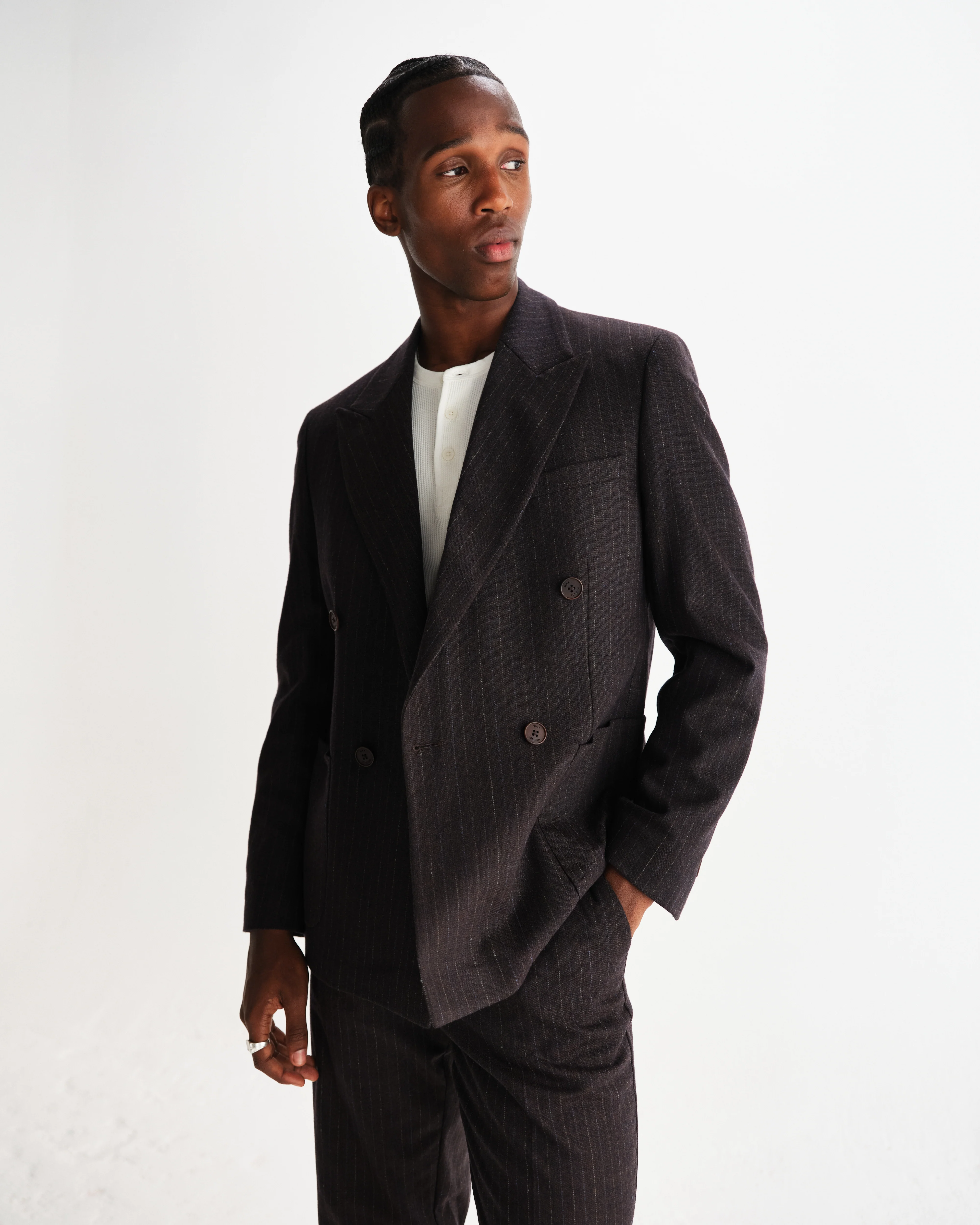 Vigo - Dark Brown Double-Breasted Wool Pinstripe Blazer - Image 2